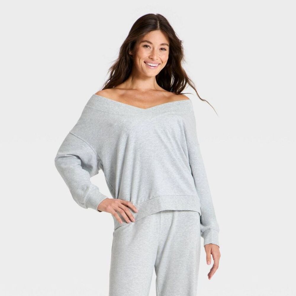 Women's Modal French Terry V-Neck Off-The-Shoulder Sweatshirt - Light Gray M